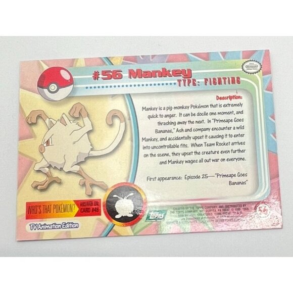 Mankey Pokemon Card Topps #56 TV Animation Edition Series Green Logo - Picture 2 of 5